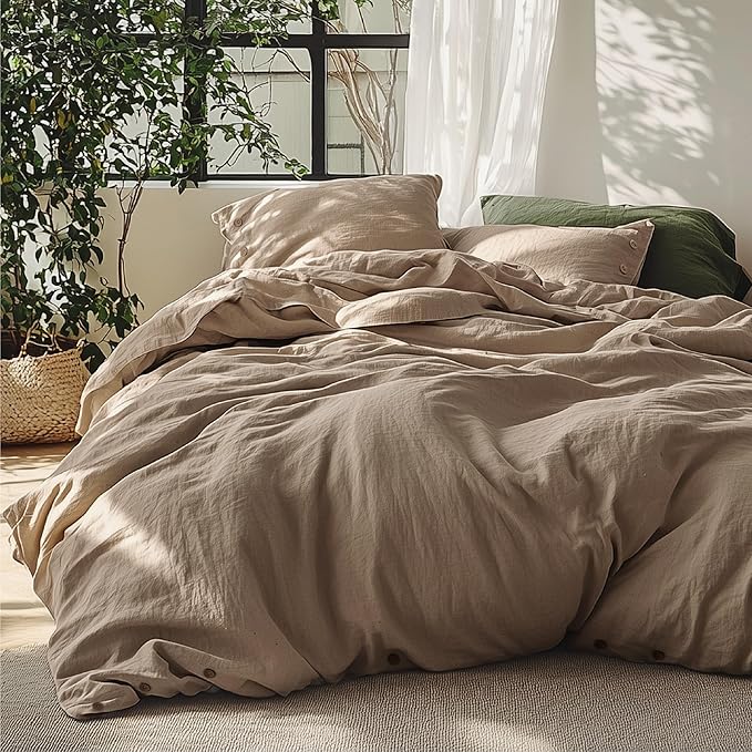 Bedsure Linen Duvet Cover King Size - Linen Cotton Blend Bedding Set, Soft & Cozy, 3 Pieces, 1 Duvet Cover 104x90 and 2 Pillowcases, Brown Color Cooling Bedding, Comforter Sold Separately