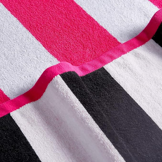 Juicy Couture Black/Hot Hot Pink/White Pink Reversible Cabana 36" x 72" 100% Cotton Oversized Beach Towel - Soft, Absorbent, and Quick-Drying, Perfect for Beach, Pool, or Travel