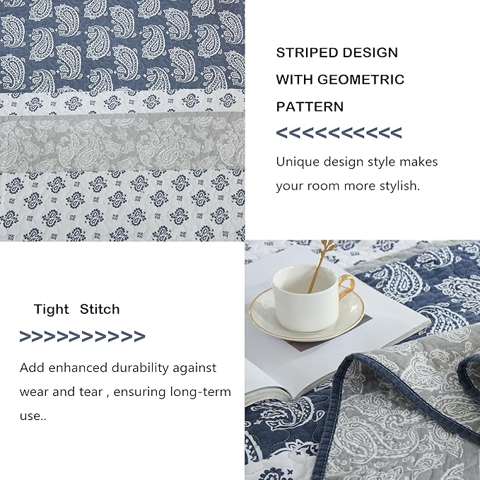 Quilt Bedding Set Queen Size, Cotton Comforters Set Queen Size,Navy Blue Grey Quilts Bedspread for The Bed, Farmhouse Lightweight Bedding (90 * 98 Inch) and 2 Pillow Shams All Season