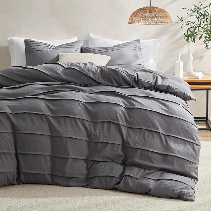 Oli Anderson Grey Duvet Cover Twin Size - Pleated Twin Duvet Cover, 2PCS Soft and Breathable Textured Bedding Set with Zipper Closure(Grey,68"x90")