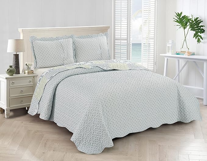 Brilliant Sunshine Multi Blue and Beige Floral Patchwork, 3-Piece Quilt Set with 2 Shams, Reversible Bedspread, Soft Lightweight Coverlet, All-Season, Full/Queen, Blue White