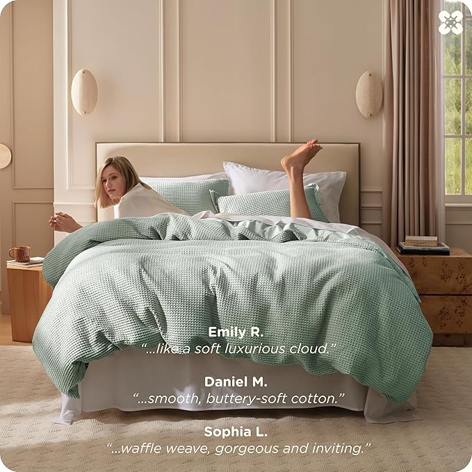 Bedsure Cotton Duvet Cover Queen - 100% Cotton Waffle Weave Sage Green Duvet Cover Queen Size, GentleSoft™ and Breathable Bedding Set for All Season, 3 Pieces, 90"x90"