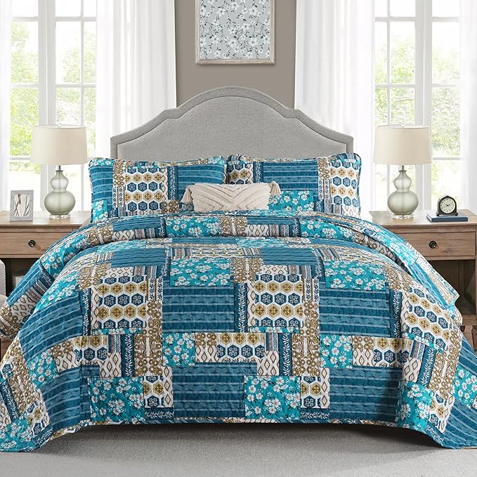 Mybedsoul Dusty Blue Quilt Set Queen Size, 3 Pieces Plaid Floral Bedspread Set Patchwork Reversible Bedding Set Microfiber Lightweight Bedspread Coverlet Set for All Season 96"x90"