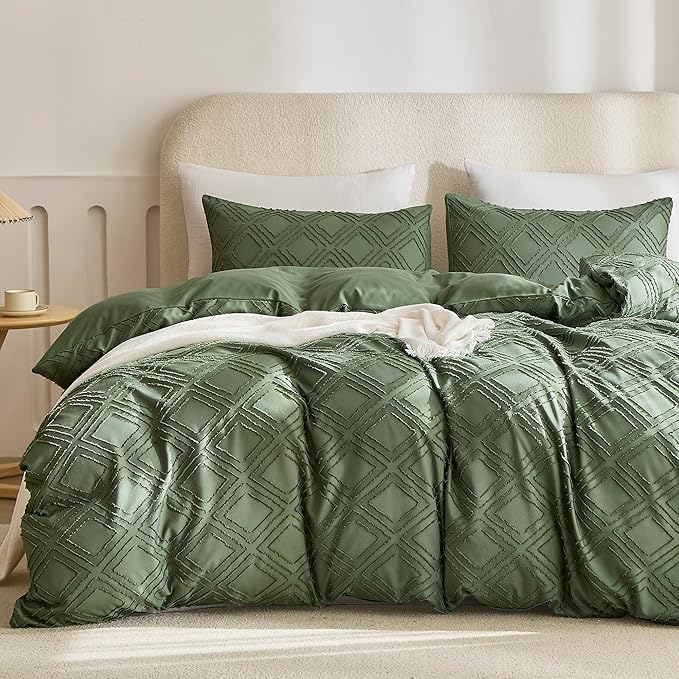 JELLYMONI Duvet Cover Twin Size Green - 3PCS Boho Duvet Cover Set Plaid Polyester Tufted Bohemian Jacquard Knit Textured Comforter Cover 68×90in Rhombic Geometric Pattern Corner Ties & Zipper