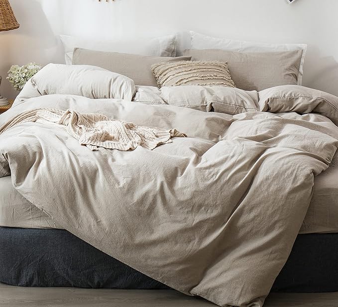 MooMee Bedding Duvet Cover Set 100% Washed Cotton Linen Like Textured Breathable Durable Soft Comfy (Heathered Tannish Linen Grey, Palatial King/Oversized King 120"x98")