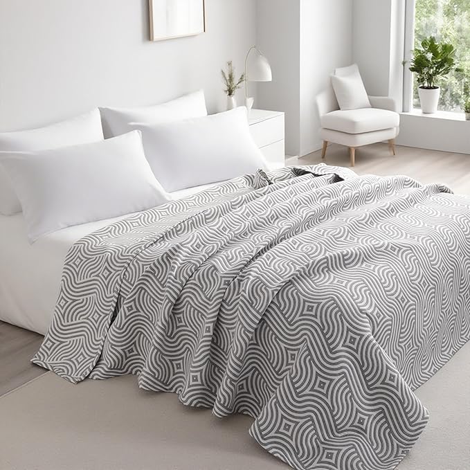 NTBAY 3 Layers Cotton Muslin 106x92 King Bed Blanket, Super Soft Breathable Thermal Yarn Dyed Quilt for Adults, Perfect Lightweight Blanket for Couch Sofa Bed All Seasons, Grey Geometric Ripples