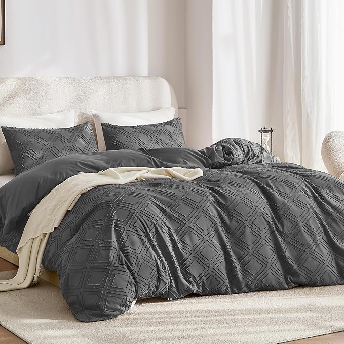 JELLYMONI Duvet Cover Full Size Dark Grey - 3PCS Boho Duvet Cover Set Plaid Polyester Tufted Bohemian Jacquard Knit Textured Comforter Cover 80×90in Rhombic Geometric Pattern Corner Ties & Zipper