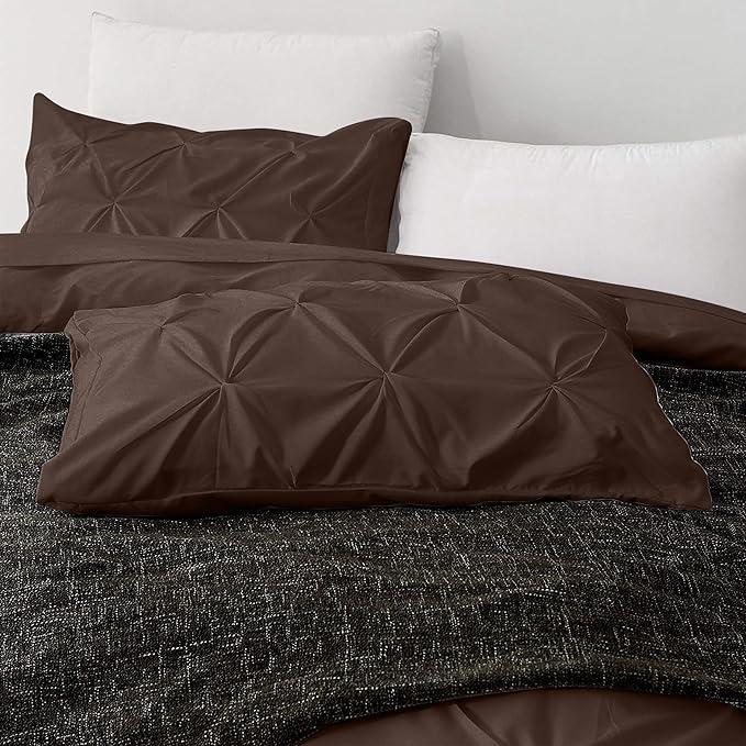 Pinch Pleated Duvet Cover Set 100% Brushed Microfiber 3PC King Size 94x104 Duvet Cover Set, Decorative Pinch Design Brown Duvet Cover with Matching Pillow Case