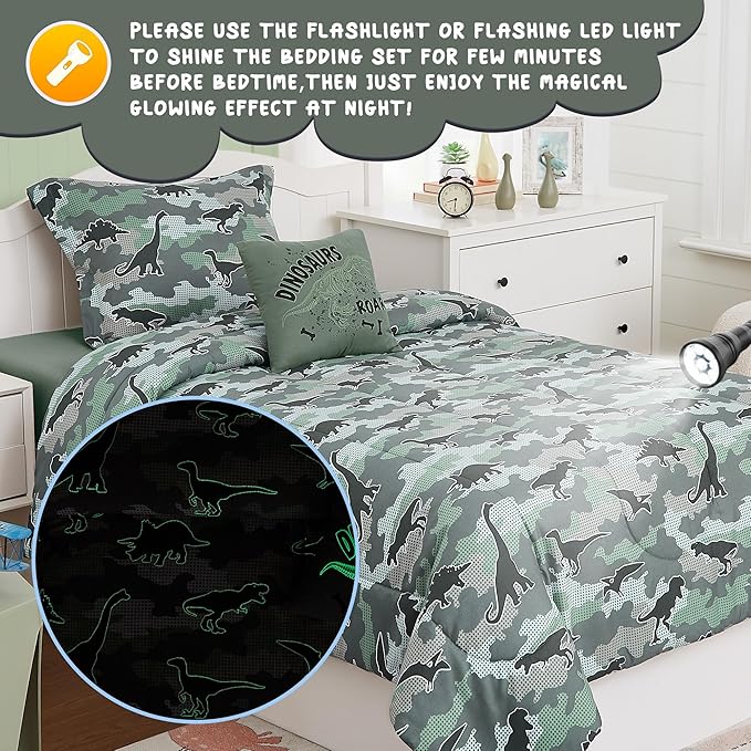 Twin Comforter Set for Boys-3 Pieces Glow in The Dark Dinosaur Twin XL Bedding Set with 1 Comforter, 1 Decor Pillow, 1 Pillow Sham