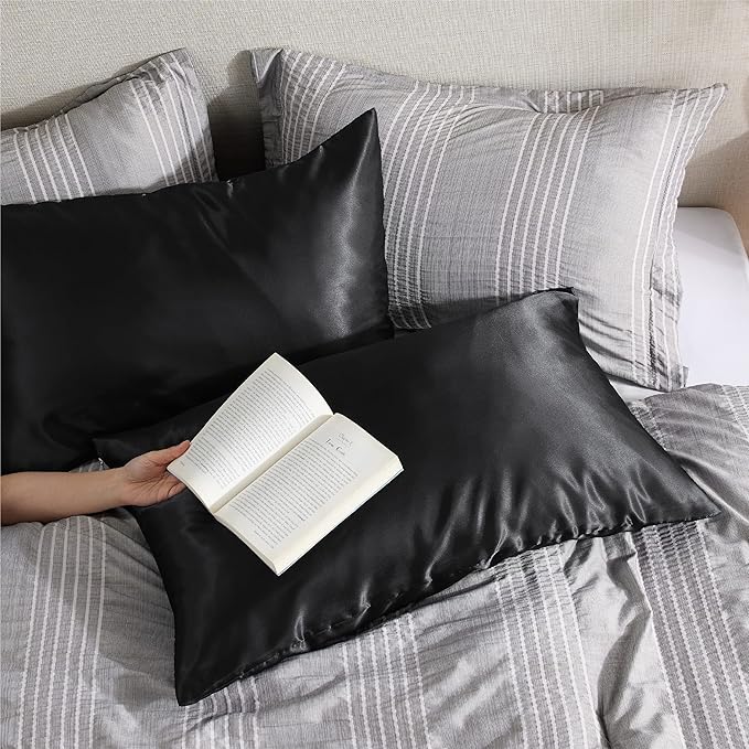 Bedsure Satin Pillowcase with Zipper, Similar to Silk Pillow Cases 2 Pack, Satin King Size Pillow Cases Set of 2, Silky & Soft Pillow Cover for Hair and Skin, Gifts for Women Men, Black, 20x36 Inches