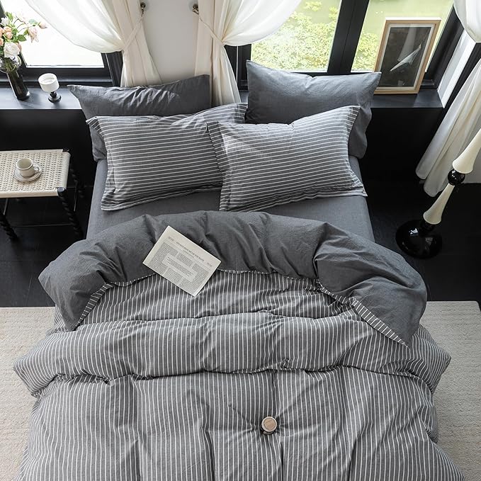 Reversible Duvet Cover Set 100% Washed Cotton Dark Grey Pinstripe Linen Feel Duvet Cover King Size with Zipper Closure & 2 Pillow Shams,Dark Grey/White Pinstripe Reverse Solid Dark Grey