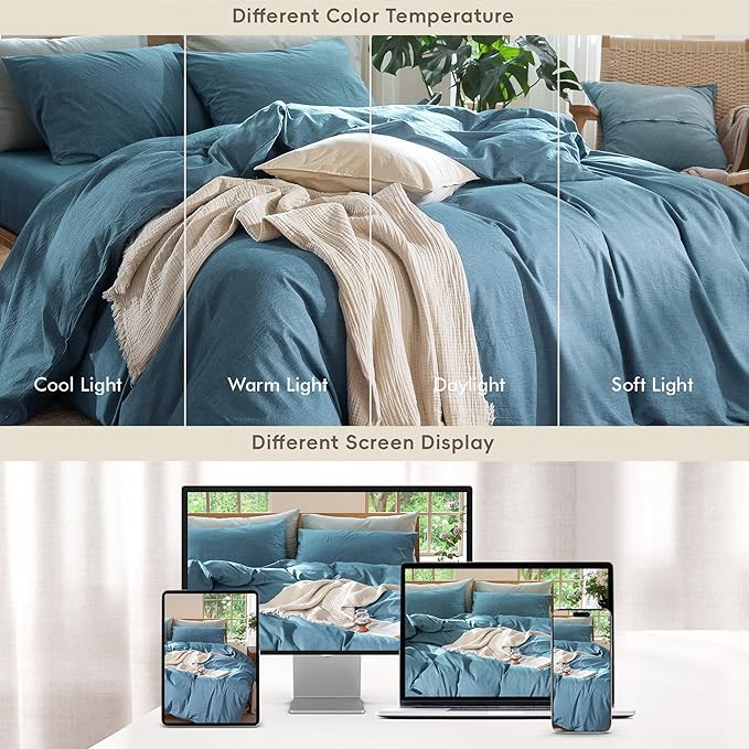 MooMee Bedding Duvet Cover Set 100% Washed Cotton Linen Like Textured Breathable Durable Soft Comfy (Heathered Peacock Blue, Super Queen 90"x98")