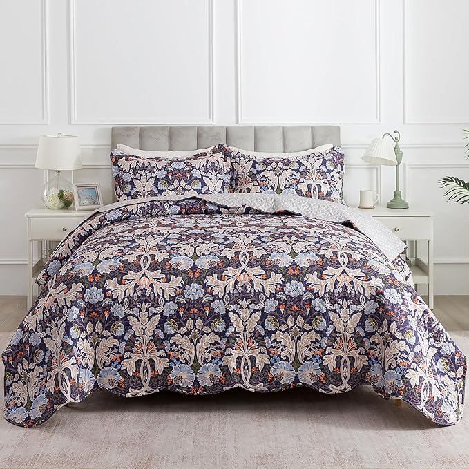 HoneiLife Quilt Set King Size - Microfiber Bedspread 3-Piece,Reversible Coverlet Lightweight Bedcover King Quilt Bedding Sets-Navy