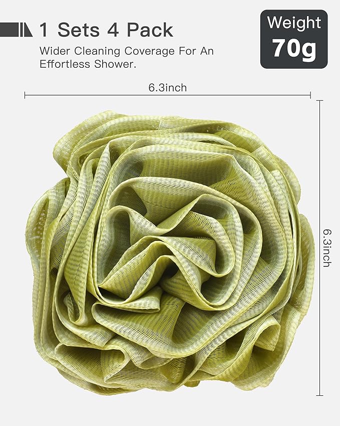 Large Bath Sponge Pouf 70g, 6.3 Inch Exfoliating Shower Loofah, Soft Durable PE Mesh with Reinforced Knotting, Rich Lather Body Wash Scrubber, 4-Pack Elegant Colors Gift Set（C-4Pcak）