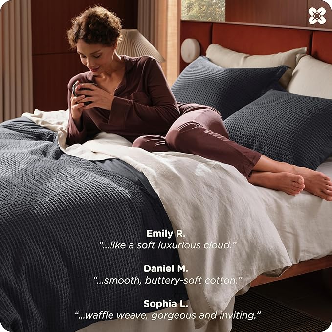 Bedsure Cotton Duvet Cover Set - 100% Cotton Waffle Weave Charcoal Duvet Cover California King Size, GentleSoft™ and Breathable Cal King Bedding Set for All Season, 3 Pieces, 104"x98"