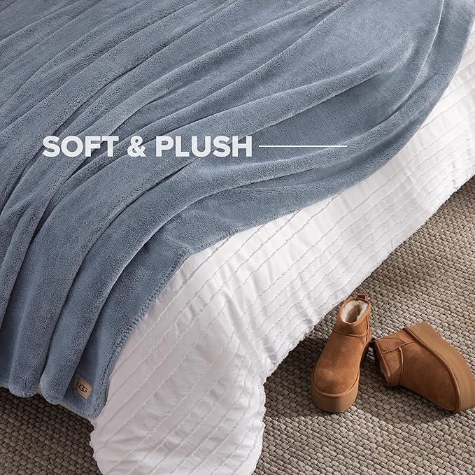 UGG Plush Full/Queen Blanket, Fleece Fluffy Blanket for Bed, Luxury Cozy Oversized Throw for Couch, Washable Hypoallergenic Queen Bedding, 90" x 90", Denim Blue (Whitecap)