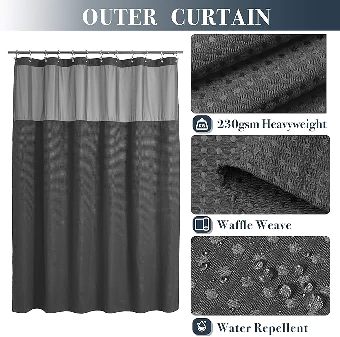 N&Y HOME Waffle Weave Shower Curtain with Snap-in Fabric Liner Set, 12 Hooks Included - Hotel Style, Water-Repellent & Washable, Heavyweight Fabric & Mesh Top Window - 71x72, Graphite Gray