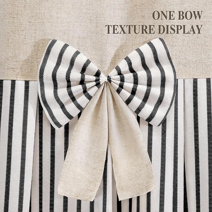 Farmhouse Shower Curtain Linen Bow Woven Fabric Country Rustic Western, Pleated Black Stripe 72" W x 72" L