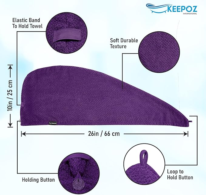 KEEPOZ Hair Towel Wrap Quick Dry 100% Cotton Super Absorbent Turban Head Wrap for Women with Button, Non Microfiber Anti Frizz Hair Products, Hair Cap for Curly, Long Hair (Purple Check, 2 Pcs)