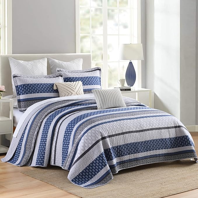 Homzard Quilt Bedding Set Queen Size - 100% Cotton Comforters Set Queen Size,Gray Blue Quilts Bedspread for The Bed, Farmhouse Lightweight Bedding (90 * 98 Inch) and 2 Pillow Shams All Season