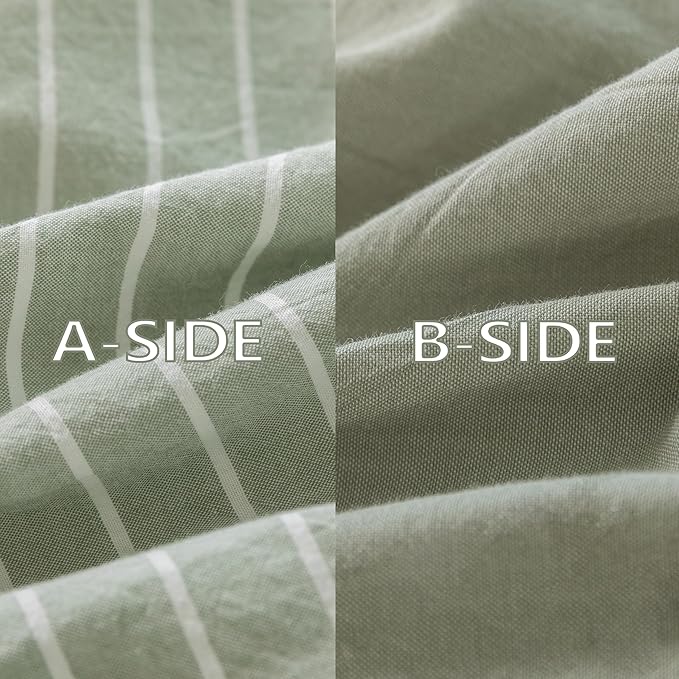 Reversible Duvet Cover Set 100% Washed Cotton Green Stripe Linen Feel Duvet Cover King Size with Zipper Closure & 2 Pillow Shams,Celadon Green/White Stripe Reverse Solid Celadon Green
