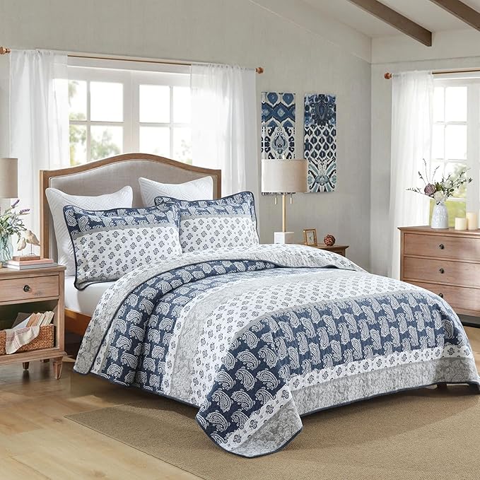 Quilt King Size, Cotton Comforter King Size,Navy Grey White Bedding Set, Farmhouse Striped Bedspread, Luxury Bed Set Bedroom for All Seasons 3 Piece