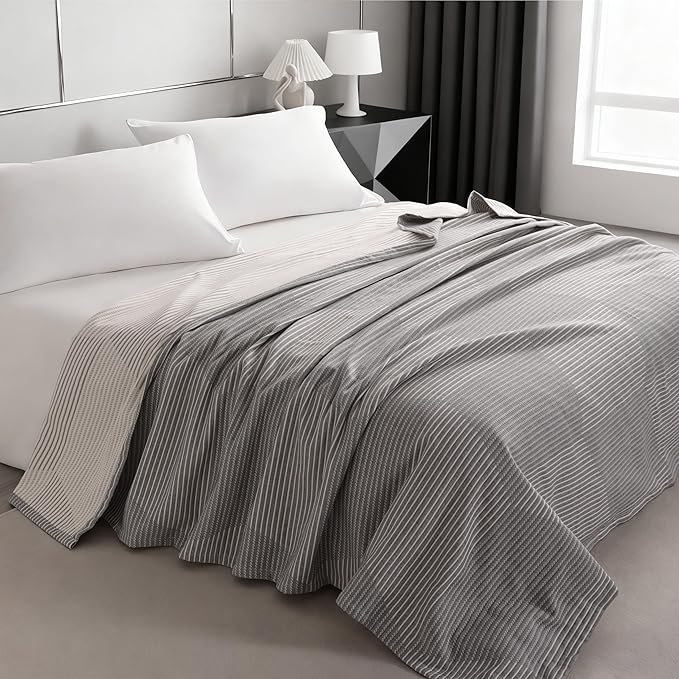 NTBAY 3 Layers Cotton Muslin 68x92 Twin Bed Blanket, Super Soft Breathable Thermal Yarn Dyed Quilt for Adults, Perfect Lightweight Blanket for Couch Sofa Bed All Seasons, Grey Striped