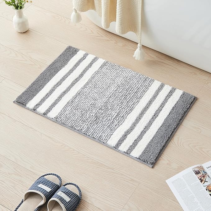 CozeCube Bath mats for Bathroom Non Slip, Fluffy Absorbent Microfiber Bath mat Washable, Aesthetic Bathroom Rugs, Cute Grey Striped Bath mat, Grey, 32" x 20"