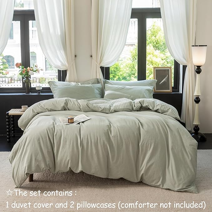Reversible Duvet Cover Set 100% Washed Cotton Green Stripe Linen Feel Duvet Cover King Size with Zipper Closure & 2 Pillow Shams,Celadon Green/White Stripe Reverse Solid Celadon Green