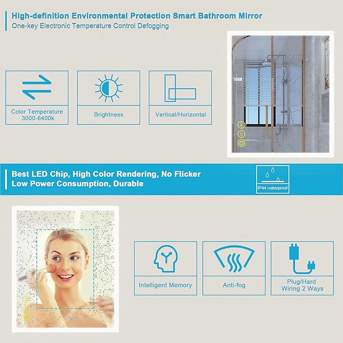 Wall-Mounted LED Square Bathroom Mirror, Makeup Mirror (36inches x 30inches,) 3 Color Stepless Dimmable Memory Bathroom Vanity Mirror with Lights CRI90+ 3000-6400K Smart Mirror with Touch