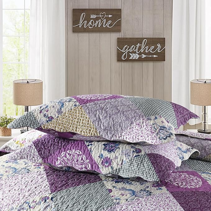 HoneiLife Quilt Set Queen Size - 3 Piece Microfiber Quilts Reversible Bedspreads Patchwork Coverlets Floral Bedding Set All Season Quilts- Late Spring,Queen/Full Size