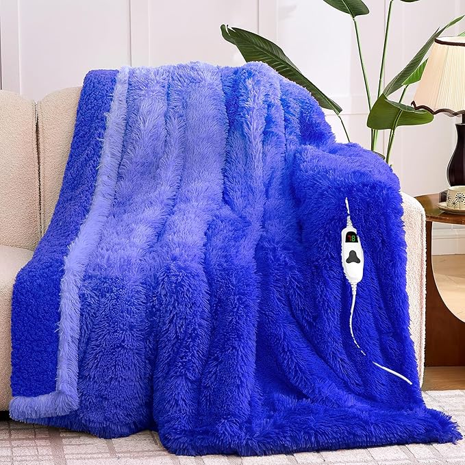 Heated Electric Blanket Throw–Faux Fur with Soft Thick Sherpa,Warm Winter Birthday Gifts for Women Grandma，10 Heat Settings,5 Time Settings with Fast Heating, 50x60, Glacier Blue
