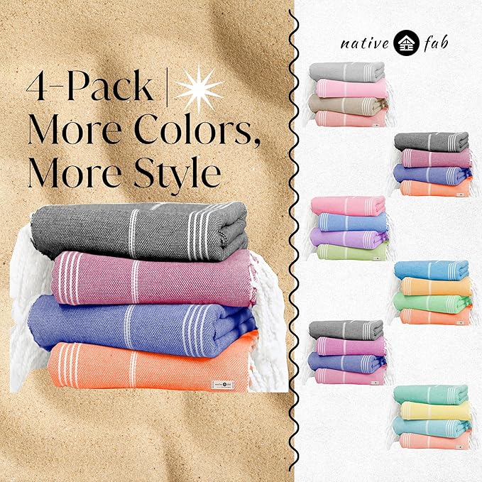 Native Fab Oversized Turkish Beach Towels 4 Pack, Fast Drying, Lightweight, Sand Free, Multipurpose Cotton for Pool, Spa, Travel, Summer - Black, Burgundy, Indigo Blue, Orange