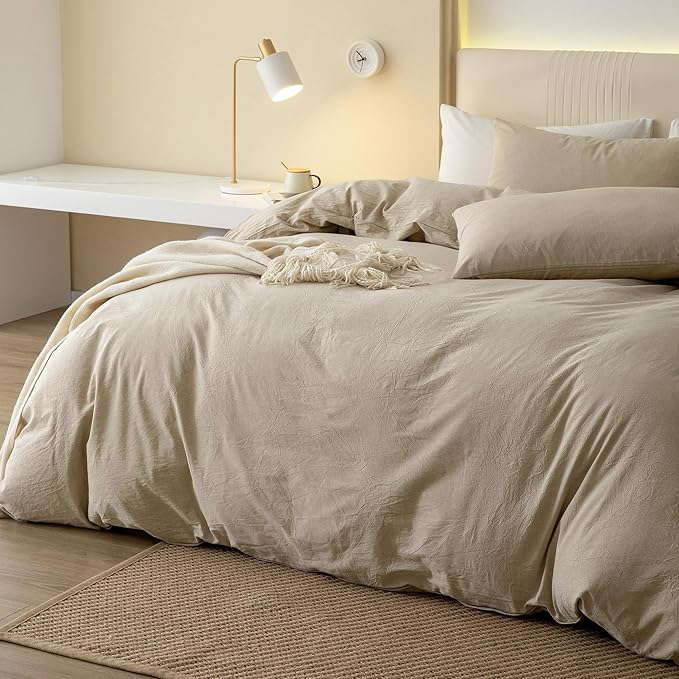 JIYUAN 100% Washed Cotton Duvet Cover Set 3 Pieces Oversized King, 1 Duvet Cover 120x98 Inches(Comforter Not Included) and 2 Pillowcases,Linen Feel Bedding Set Comfy and Breathable, Heathered Tan