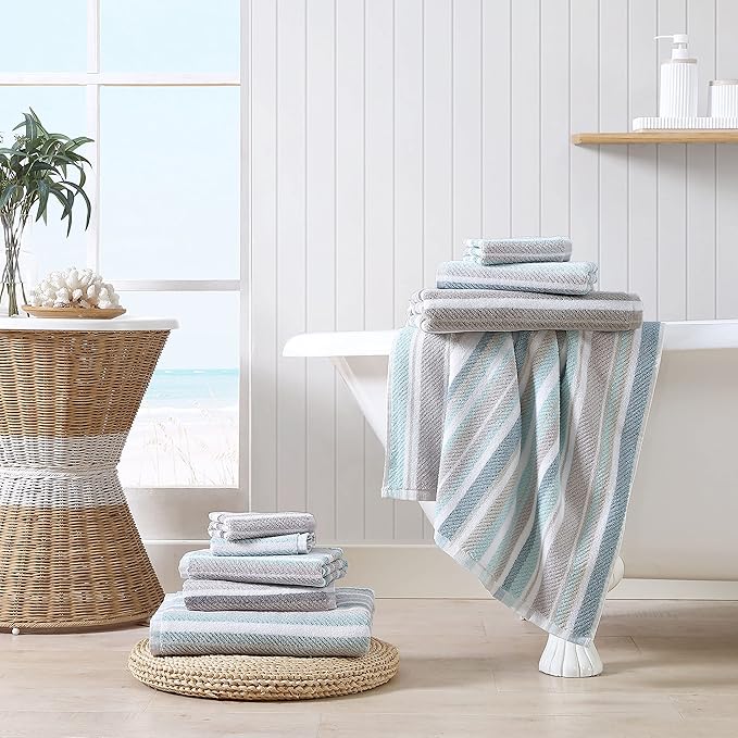 Tommy Bahama - Bath Towels, 100% Soft & Absorbent Yarn-Dyed Cotton with Twill Texture, Low Linting & Fade Resistant, Medium Weight Bathroom Towels (Ocean Bay Tranquil Blue, 3 Piece)