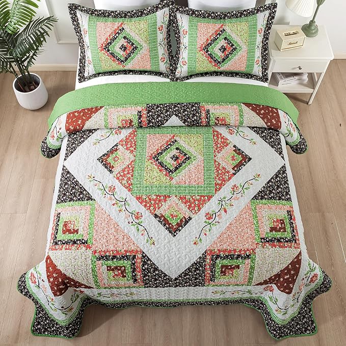 BEDIFANY Queen Size Quilt Set - Lightweight Cotton Filling Bedspread Queen Size (90 x 98 Inch) Coverlet Set - Floral Queen Quilt Bedding Sets for Bed Decorations - All Seasons, 3 Pieces - Green