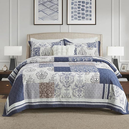 100% Cotton Quilt Set Queen Size - Floral Quilted Comforter, Patchwork Botanical Queen Quilt Bedspread, Reversible Vintage Farmhouse Lightweight Bedding for Queen Bed, 3pcs, Blue/Beige