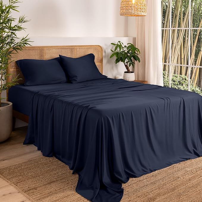 Bare Home 100% Rayon Made from Bamboo Queen Sheet Set - 4 Piece Bedding Set - Deep Pockets - Breathable - Easy Fit - Bedding Sheets & Pillowcases (Queen, Midnight Blue)