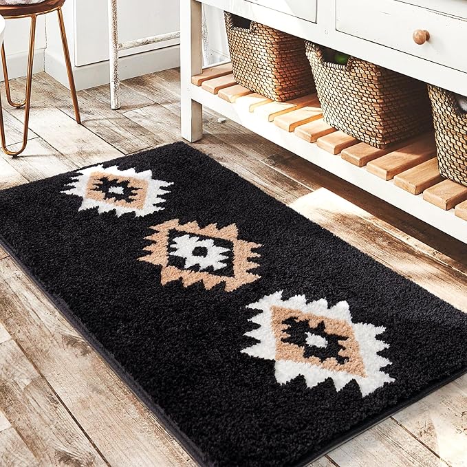 DEXDE Bathroom Rugs 24x36 Black Boho Aztec Bath Mat, Non Slip Western Geometric Bath Rugs Luxury Soft Absorbent Carpet for Bathroom Shower Kitchen Entryway Farmhouse Modern