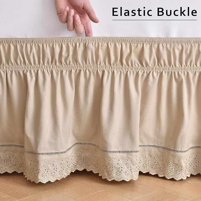 MIYE Wrap Around Ruffled Lace Bed Skirt, Elastic Dust Ruffle with Adjustable Belts, Easy to Put On, Bed Frame Cover, Machine Washable (Embroidered/Beige, King/Queen-18 Drop)