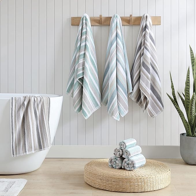 Tommy Bahama - Bath Towels, 100% Soft & Absorbent Cotton Terry Loop with Twill Texture, Low Linting & Fade Resistant, Medium Weight Bathroom Towels (Ocean Bay Blue, 3 Piece)