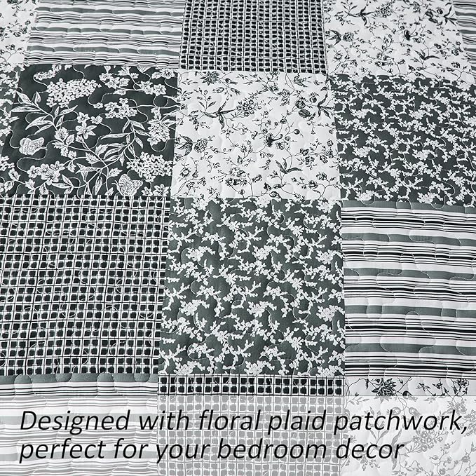 Mybedsoul Black Grey Boho Quilt Set Queen Size,3 Pieces Plaid Floral Bedspread Coverlet Set for All Season,Patchwork Reversible Bedding Set Queen 90"x96"