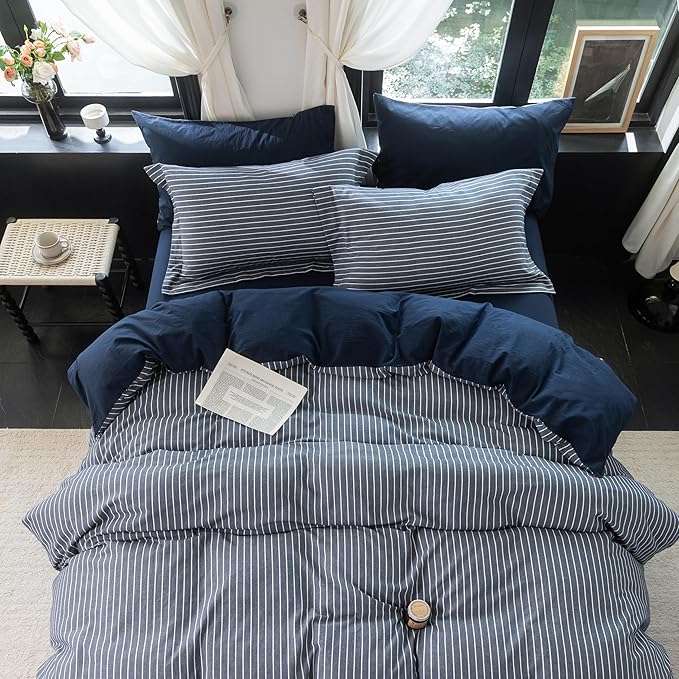 Reversible Duvet Cover Set 100% Washed Cotton Blue Stripe Linen Feel Duvet Cover King Size with Zipper Closure & 2 Pillow Shams,Navy/White Stripe Reverse Solid Navy