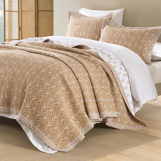Quilt Set King Size - 100% Cotton Floral Reversible Bedspread Bedding Set, Lightweight Bed Quilts Botanical Pattern Comforter Cover with 2 Pillow Shams, 3-Piece All Season, Orange, 98x106