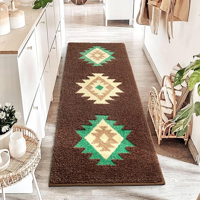 DEXDE Boho Bathroom Rug Runner 20x72 Long Bath Mat for Bathroom Bedroom Hallway Kitchen Luxury Soft Absorbent Large Modern Geometric Carpet Runner Western Farmhouse Decor, Brown