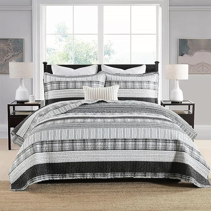 Homzard Quilts Queen Size - Black and White Queen Comforter Set, 100% Cotton Black Grey Striped Bedding Set, Lightweight Reversible Bedspread Set, 3 Piece All Season