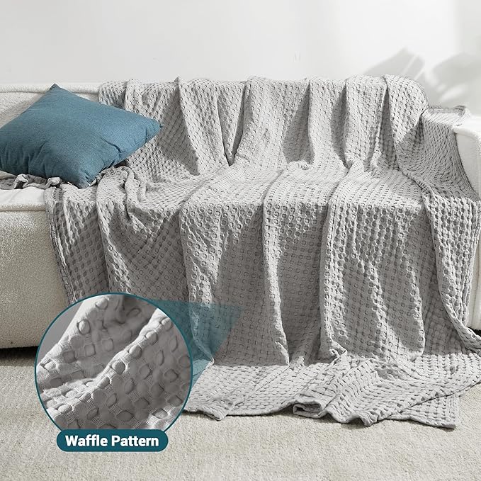 Aganear Waffle Blanket - Lightweight Breathable Summer Blanket of 50% Cotton and 50% Rayon Derived from Bamboo for Hot Sleepers Luxury Throws for Bed, Couch and Sofa,Grey,90x90 Inches