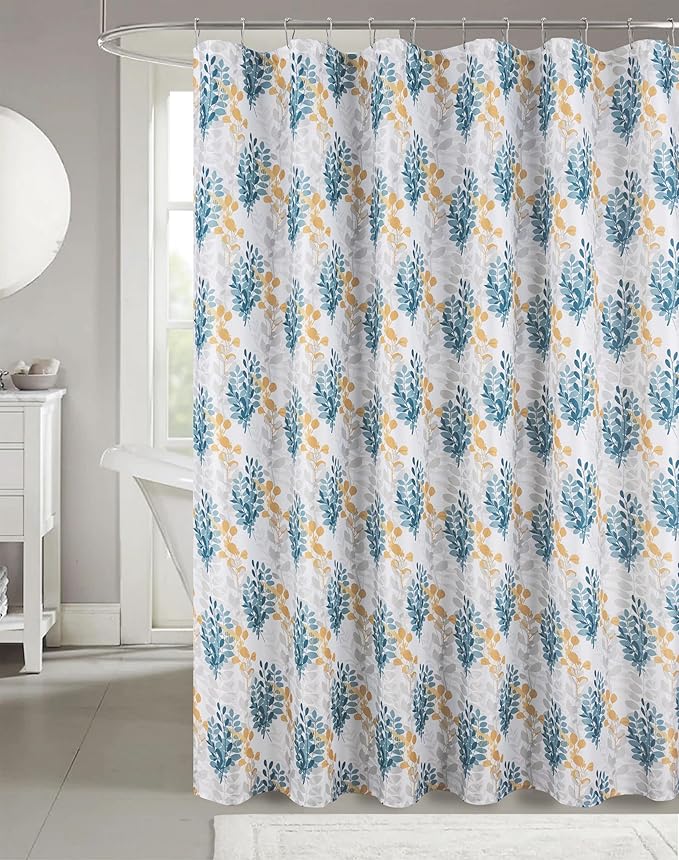 Serafina Home Hotel Quality Fabric Bathroom Shower Curtain: Floral Leaf Damask - Blue, Teal, Yellow, Grey and White (72 x 70 inches)