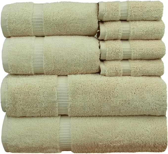 Luxury Hotel & Spa Quality, Highly Absorbent 100% Turkish Cotton, 750+ GSM, Eco Friendly Towel, Bathroom and Kitchen Dobby Border Towels, 2 Bath Towel, 2 Hand Towel, 4 Washcloths (8 Piece, Beige)