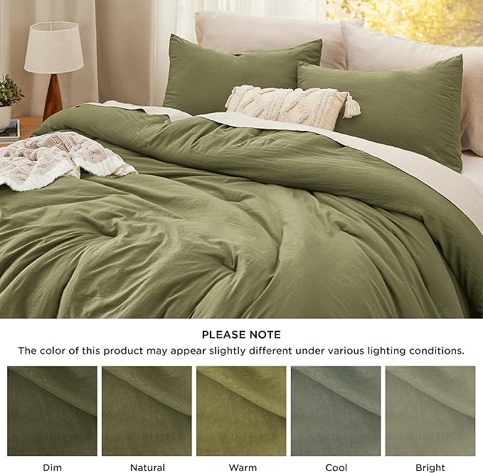 Bedsure Queen Size Comforter Set, Olive Green Soft Prewashed Bedding for All Seasons, 3 Pieces GentleSoft™ Warm Down Alternative Bed Set, 1 Lightweight Comforter (90"x90") and 2 Pillowcases (20"x26")